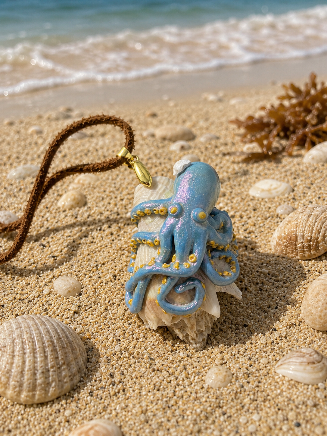 Blue octopus on seashell necklace