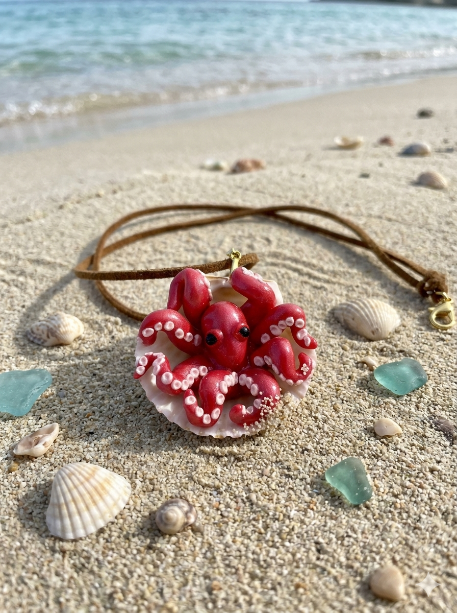 Red octopus in scallop shell necklace