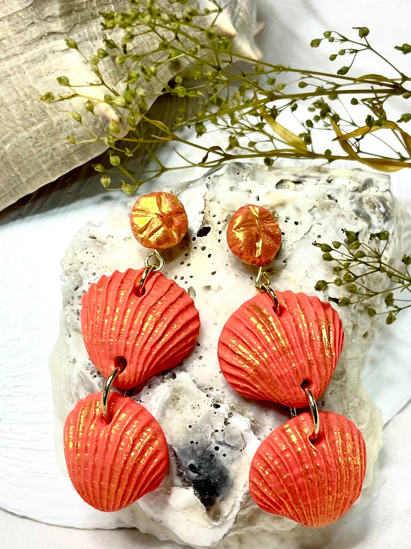 Scallop Shell Earrings (Coral Orange)